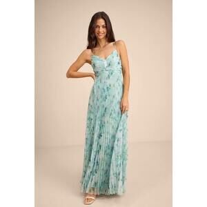 Lulus Whitley Mint Green Floral Pleated Sleeveless Maxi Dress Gold - Size XS